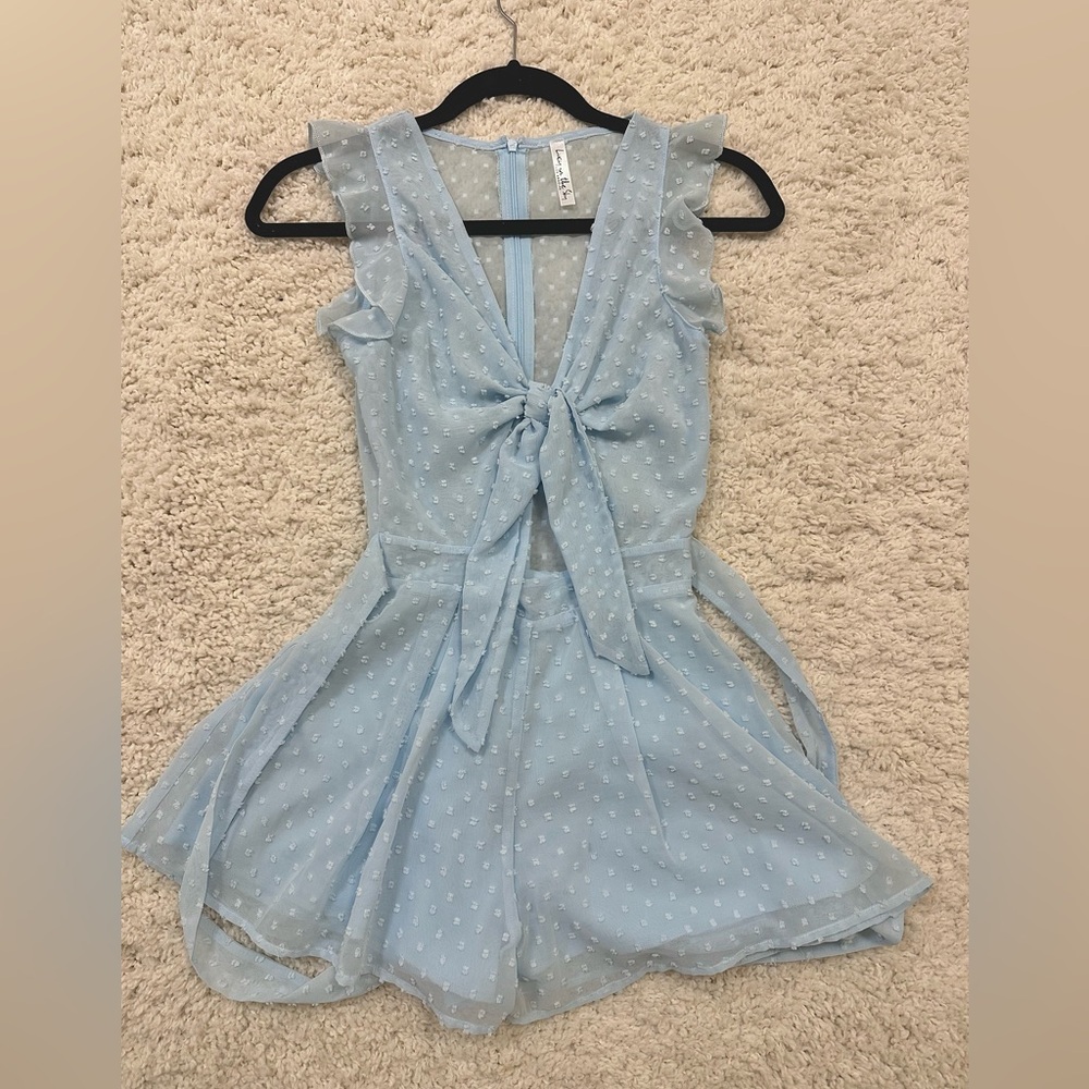 light blue lucy in the sky tie romper